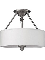 Sussex Flush Ceiling Light With Fabric Drum Shade in Brushed Nickel.